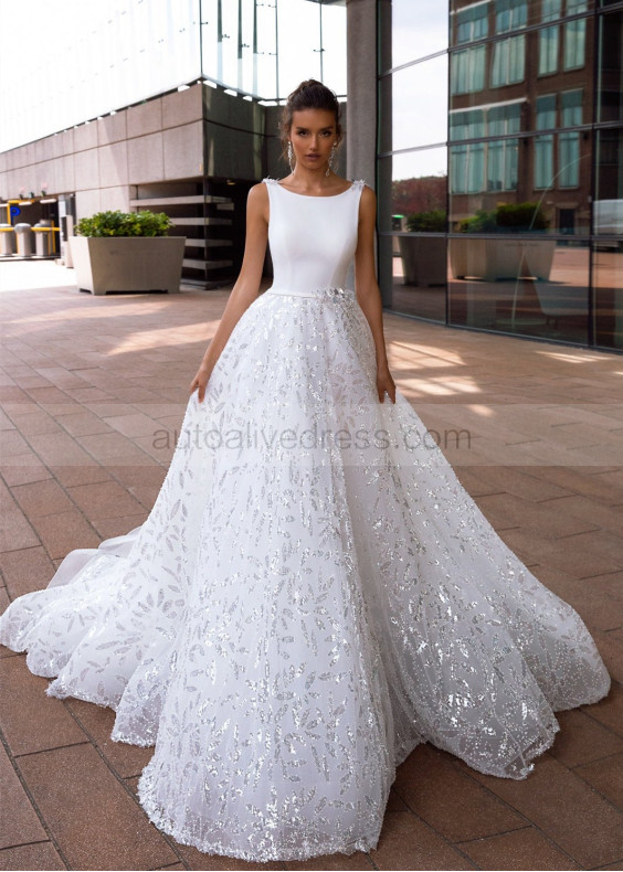 Boat Neck White Sequin Tulle Wedding Dress